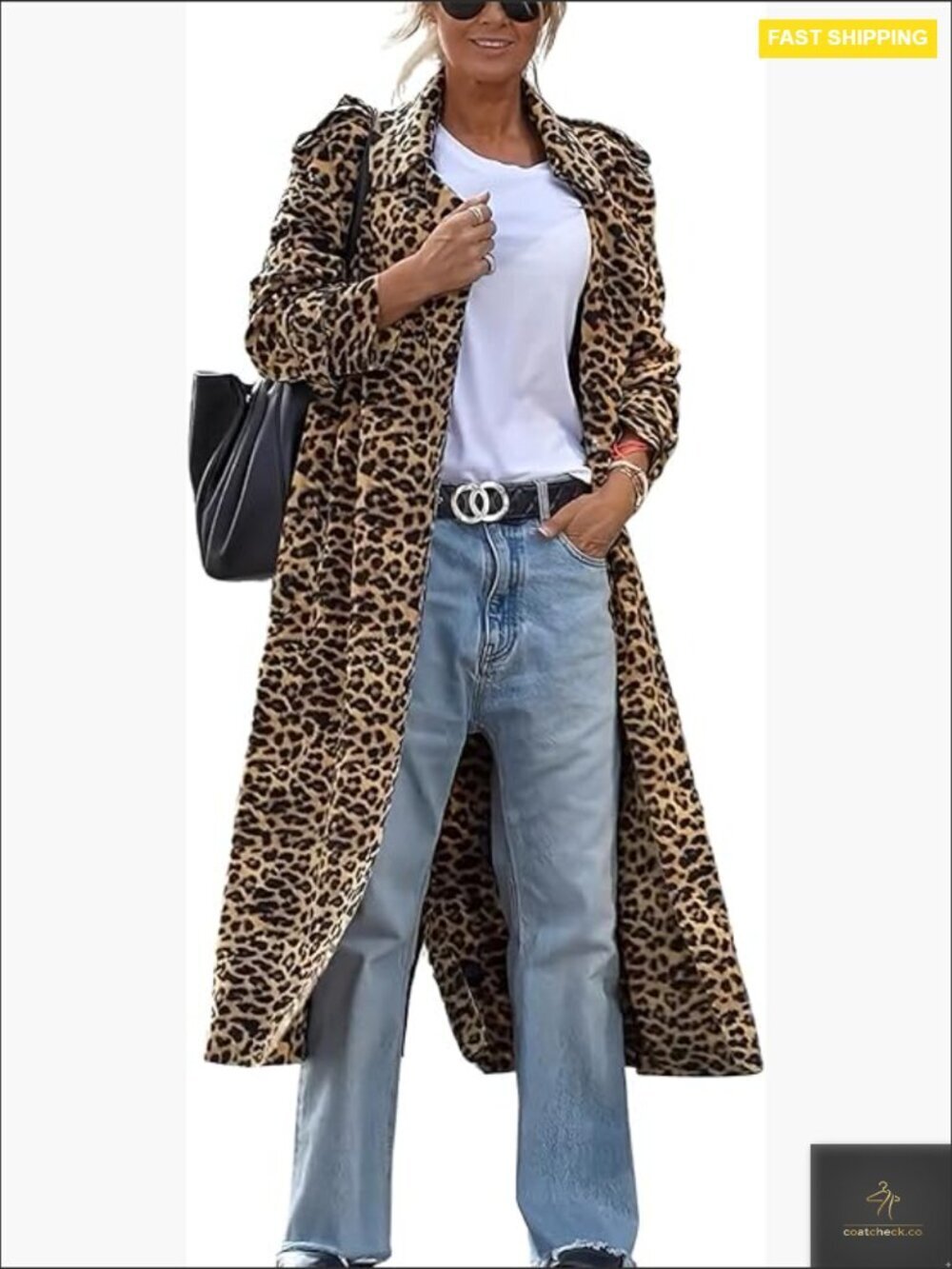 Leopard Print Faux Suede Trench Coat Notch Lapel Open Front Loose Fit